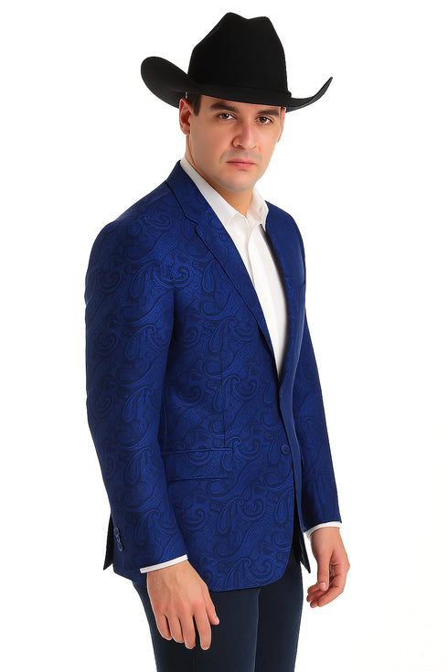 Mens Western Blazer - Paisley Pattern Cowboy Tuxedo Jacket in Color Royal
