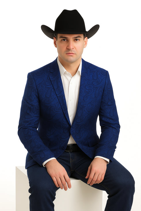 Mens Western Blazer - Paisley Pattern Cowboy Tuxedo Jacket in Color Royal