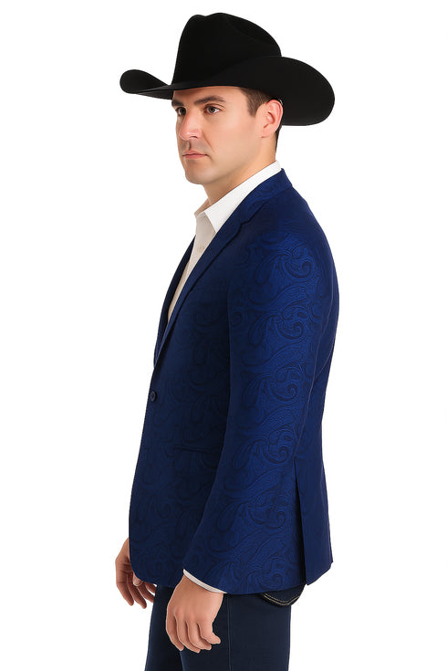 Mens Western Blazer - Paisley Pattern Cowboy Tuxedo Jacket in Color Royal