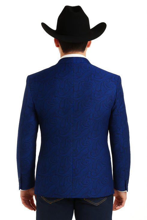 Mens Western Blazer - Paisley Pattern Cowboy Tuxedo Jacket in Color Royal