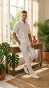 Mens White Embroidered Walking Suit Set – Short Sleeve Shirt and Pants Casual Summer Outfit for Vacation, Beach and Everyday Wear