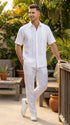 Mens White Embroidered Walking Suit Set – Short Sleeve Shirt and Pants Casual Summer Outfit for Vacation, Beach and Everyday Wear