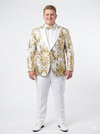 Mens White and Gold Floral Tuxedo Jacket with Satin Lapel – Luxury Prom, Wedding, and Formal Dinner Blazer