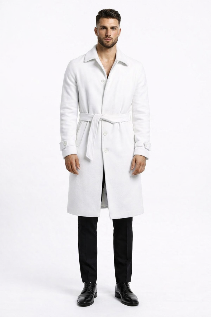 Men's White Wool Belted Long Coat – Classic Overcoat for Formal Wear, – OvercoatUSA Men's White Wool Belted Long Coat – Classic Overcoat for Formal Wear, – OvercoatUSA