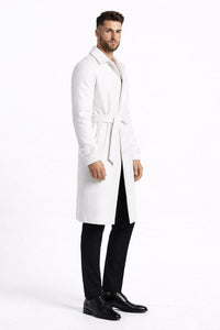 Men's White Wool Belted Long Coat – Classic Overcoat for Formal Wear, Wedding Full length