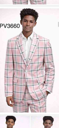 Mens Pink and Black Plaid Designer Suit Set – Stylish Suit with Check Pattern Jacket and Windownpane Summer Color
