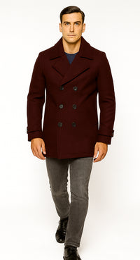 Men's Wool Burgundy ~ Wine Wool Double Breasted Coat ~ Designer men's Wool Peacoat Sale