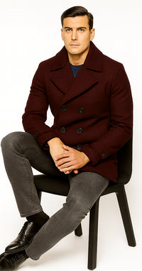 Men's Wool Burgundy ~ Wine Wool Double Breasted Coat ~ Designer men's Wool Peacoat Sale