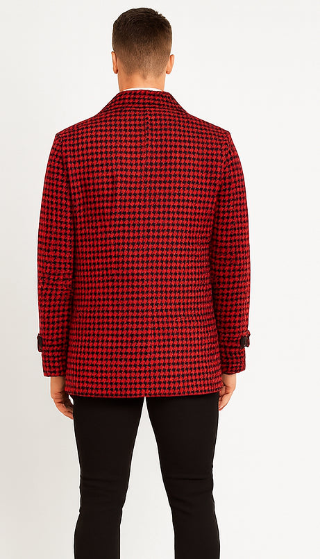 Mens Wool Plaid Peacoat - Plaid Pattern Wool Burgundy Coat