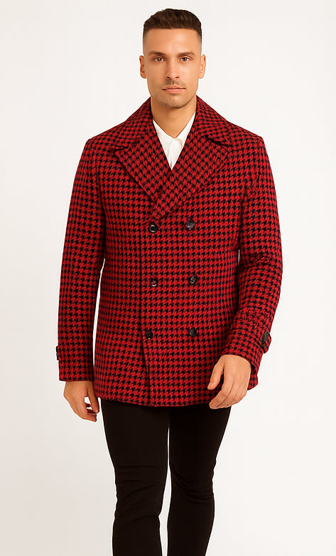 Mens Wool Plaid Peacoat - Plaid Pattern Wool Burgundy Coat