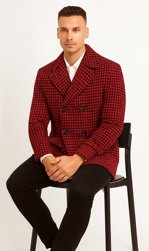Mens Wool Plaid Peacoat - Plaid Pattern Wool Burgundy Coat
