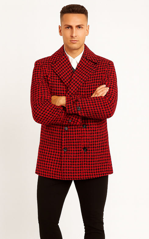 Mens Wool Plaid Peacoat - Plaid Pattern Wool Burgundy Coat