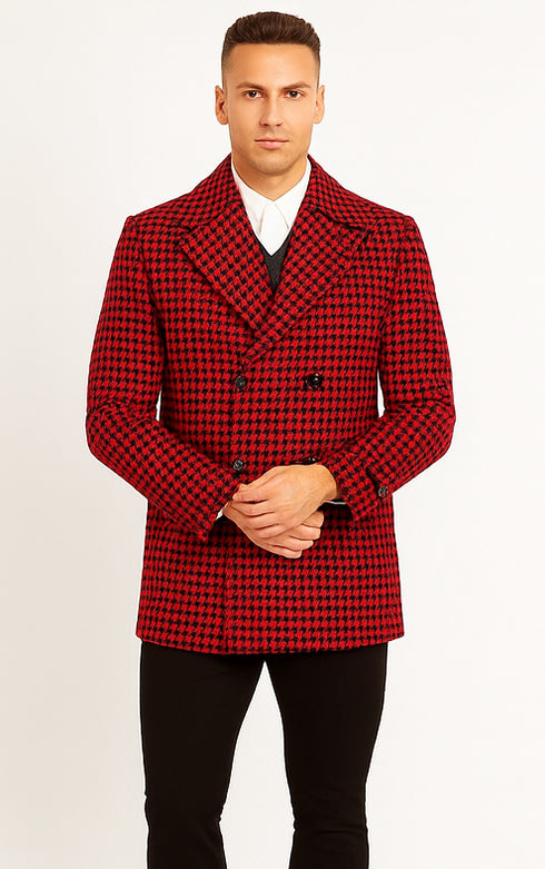 Mens Wool Plaid Peacoat - Plaid Pattern Wool Burgundy Coat
