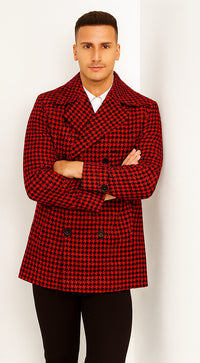 Mens Wool Plaid Peacoat - Plaid Pattern Wool Burgundy Coat