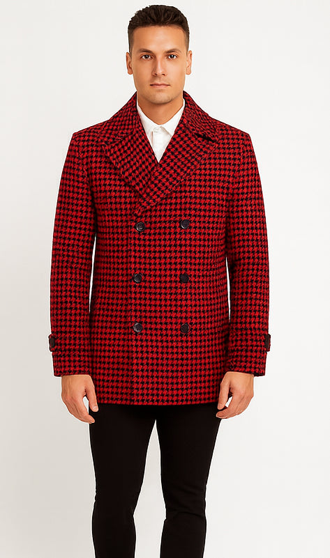 Mens Wool Plaid Peacoat - Plaid Pattern Wool Burgundy Coat