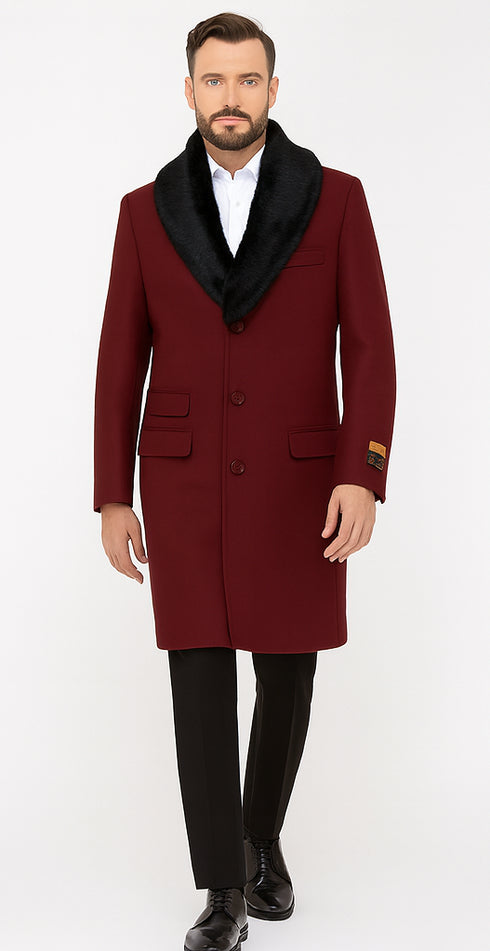 Three Quarter Ticket Pocket Peacoat With Fur Collar Burgundy