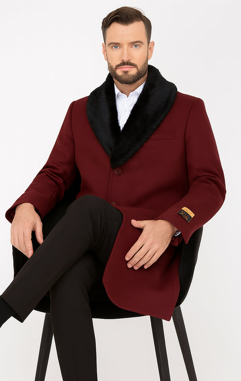 Three Quarter Ticket Pocket Peacoat With Fur Collar Burgundy