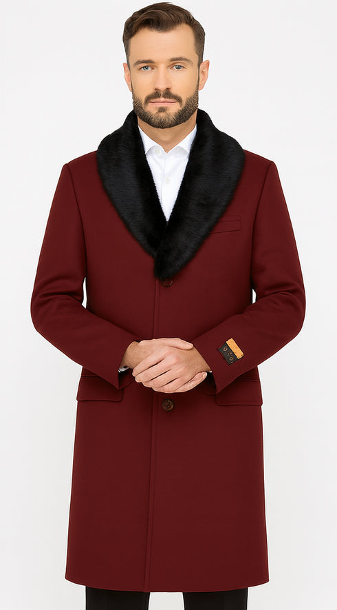 Three Quarter Ticket Pocket Peacoat With Fur Collar Burgundy