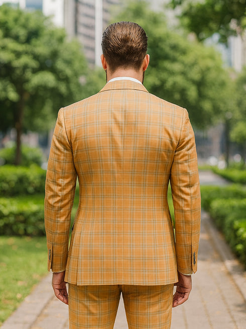 Men’s Checkered Yellow Suit with Vest – Fashionable Formal Style