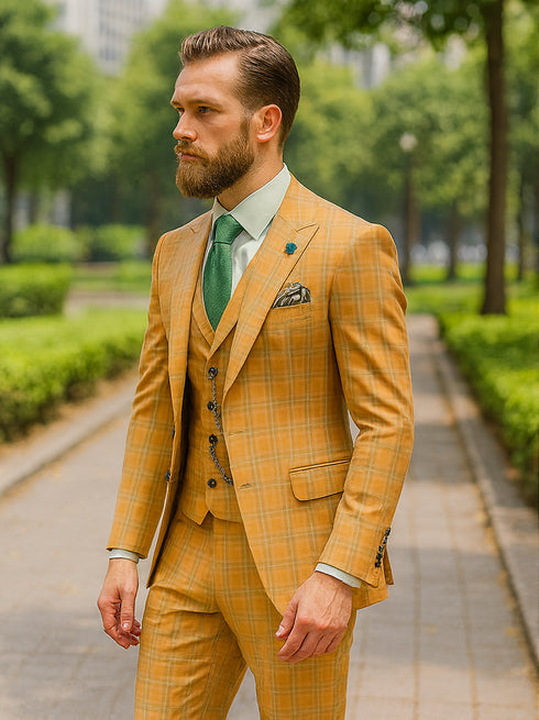 Men’s Checkered Yellow Suit with Vest – Fashionable Formal Style