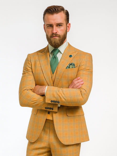 Men’s Checkered Yellow Suit with Vest – Fashionable Formal Style
