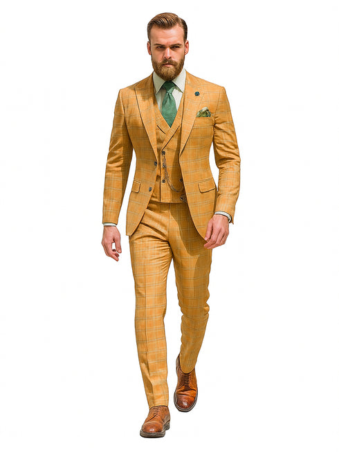 Men’s Checkered Yellow Suit with Vest – Fashionable Formal Style