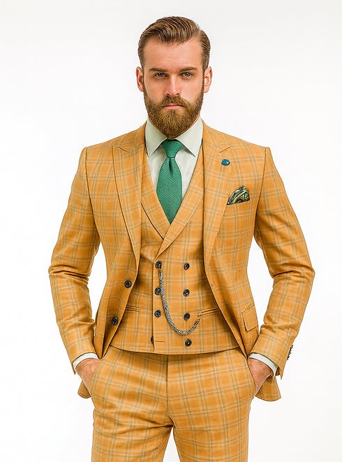 Men’s Checkered Yellow Suit with Vest – Fashionable Formal Style