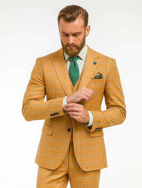 Men’s Checkered Yellow Suit with Vest – Fashionable Formal Style