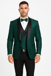 Men’s Floral Lace Hunter Green Tuxedo Set – Premium Vested Wedding Suit