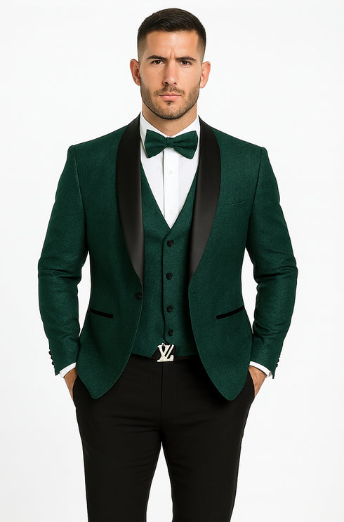 Men’s Floral Lace Hunter Green Tuxedo Set – Premium Vested Wedding Suit