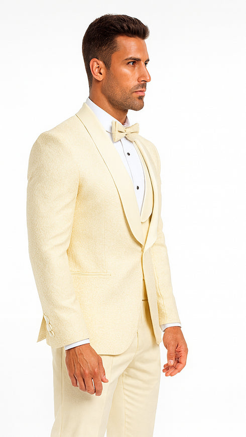 Men’s Ivory Floral Lace Tuxedo – Premium Vested Groom Wedding Outfit