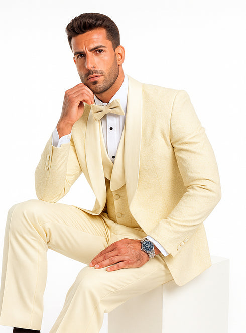 Men’s Ivory Floral Lace Tuxedo – Premium Vested Groom Wedding Outfit
