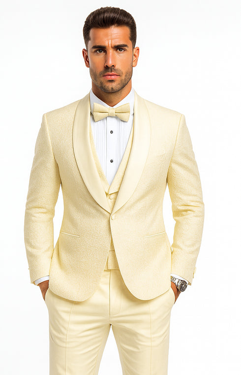 Men’s Ivory Floral Lace Tuxedo – Premium Vested Groom Wedding Outfit