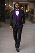 Mens Black With Purple Velvet Lapel 3-Piece Tailored-Fit Tuxedo