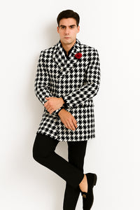 Mens Houndstooth Peacoat - Black White Check Houndstooth Wool Carcoat