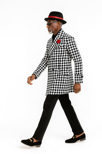 Mens Houndstooth Peacoat - Black White Check Houndstooth Wool Carcoat