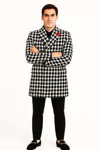 Mens Houndstooth Peacoat - Black White Check Houndstooth Wool Carcoat