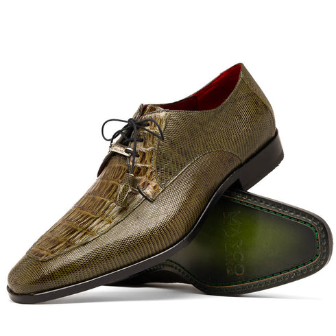 Marco Di Milano Merida Olive Green Lizard & Caiman Crocodile Oxfords Shoes