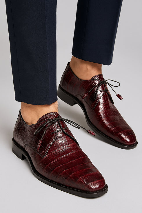 Mezlan Burgundy Crocodile Shoes Men Plain Toe Anderson