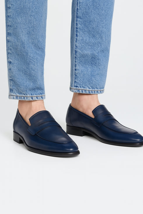 Mezlan Navy Burnished Calfskin Penny Loafer