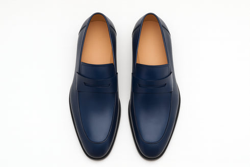 Mezlan Navy Burnished Calfskin Penny Loafer