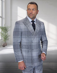 Statement Men's 2 Piece 100% Wool Modern Fit Double Breasted Suit - Plaid Pattern
