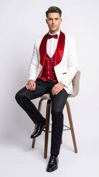 Marco Lorenzo Premium White Paisley 4 Piece Suit with Red Velvet Shawl Lapel and Matching Bow Tie