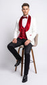 Marco Lorenzo Premium White Paisley 4 Piece Suit with Red Velvet Shawl Lapel and Matching Bow Tie