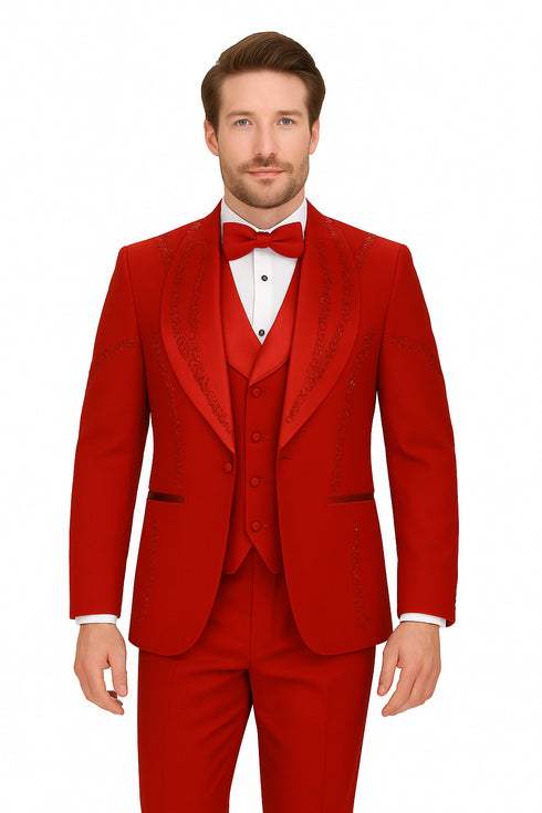 Italian Red Wool 3-Piece Modern Fit Tuxedo