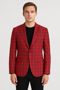 Modern Red Plaid Blazer – Tartan Windowpane Pattern Christmas Party Color