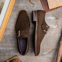 Zelli Hebilla Italian Suede Monk Strap Dress Shoe in Dark Brown