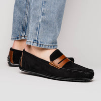 Zelli Monza Suede & Calfskin Driving Loafers in Black / Chestnut