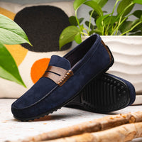 Zelli Monza Suede and Hand-Burnished Calfskin Driving Loafers in Navy