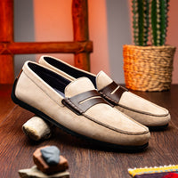 Zelli Monza Suede & Calfskin Driving Loafers in Bone / Chestnut